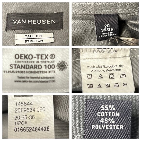 Van Heusen Men's 20 (35-36) Tall Fit Stretch Gray Dress Shirt Oeko-Tex LS Collar - Picture 7 of 16